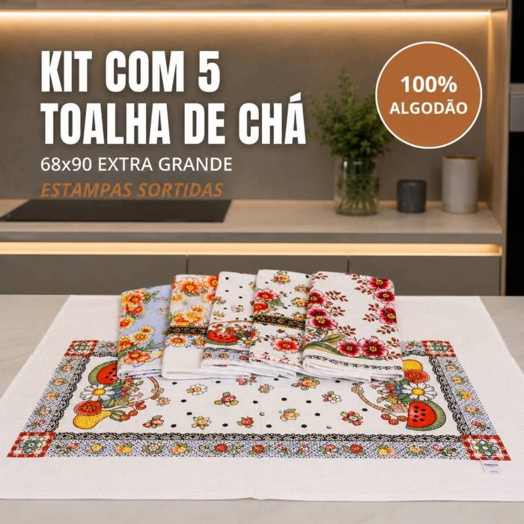 Toalha De Chá Estampado Pano de Copa 100% Algodão Kit C/5 - 90X68CM - Tecido de Alta Qualidade