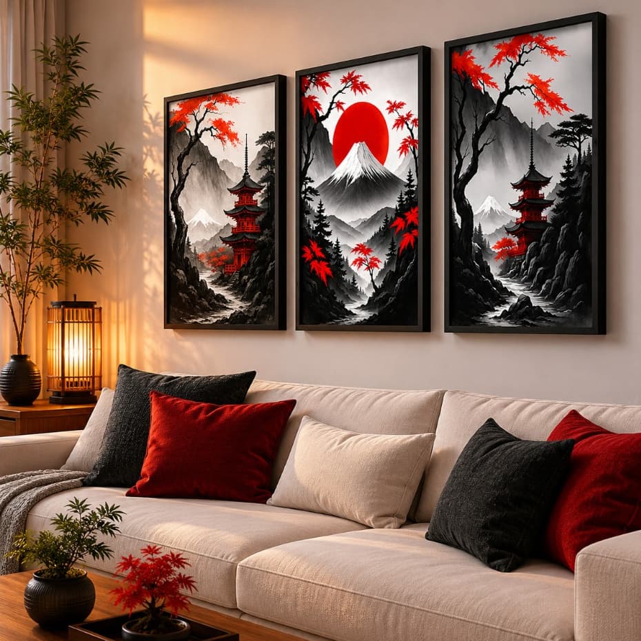 Kit Quadros Decorativos Oriental Premium – Paisagem Japonesa com Monte Fuji e Tons Vermelho Intenso