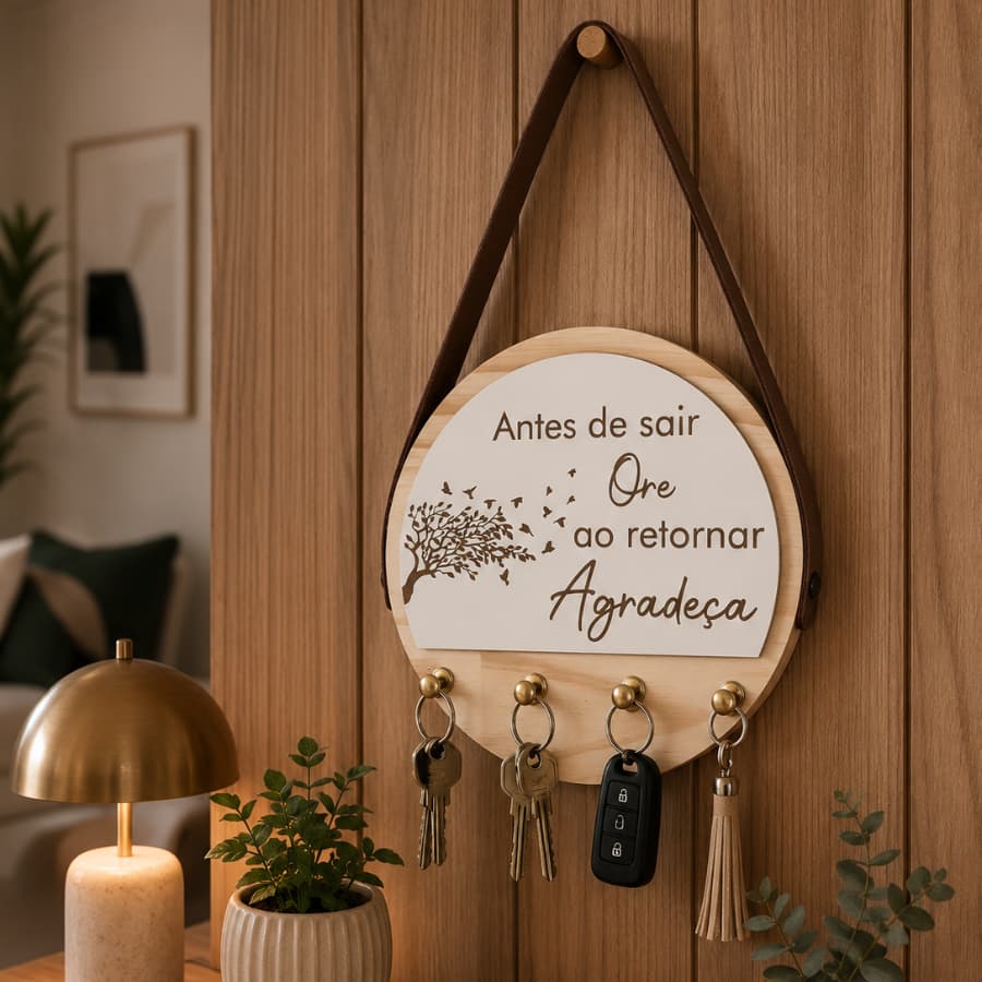 Porta Chaves Organizador MDF 4 Ganchos Frase Inspiradora Decoração Residencial