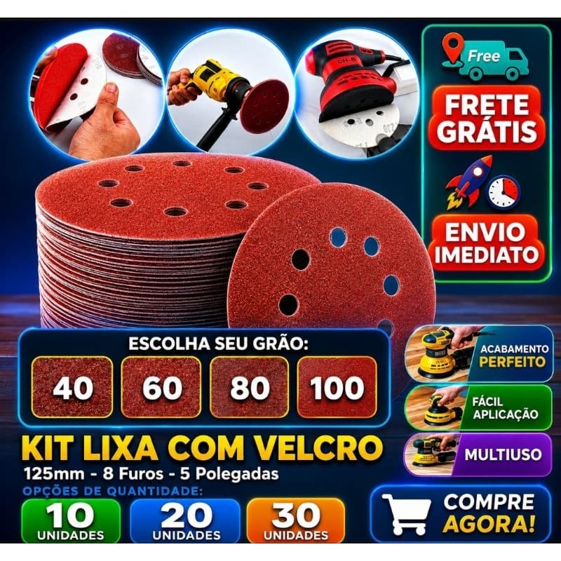 Kit  Lixa Disco Circular com Velcro para Madeira Massa e  Acabamento em Parede  5"125mm 8 Furos 10 20 30 Unidades