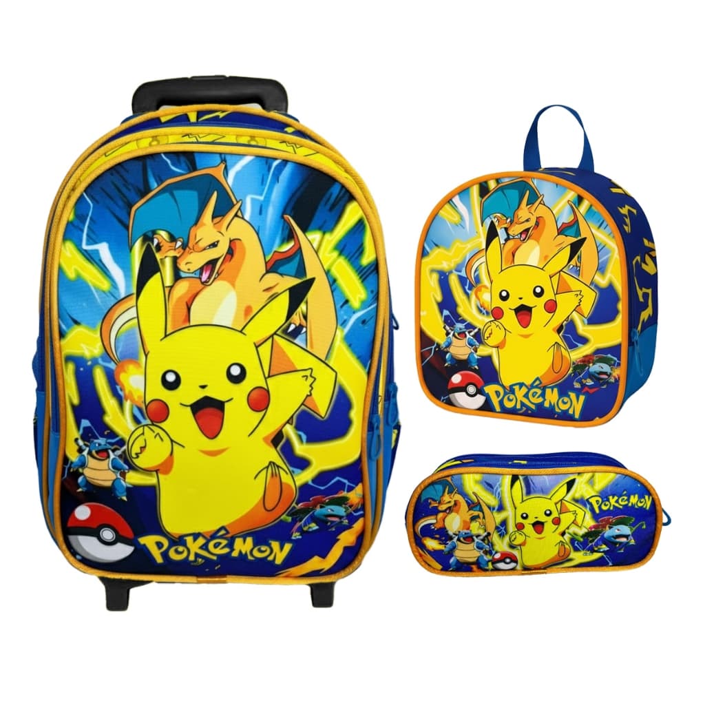 Kit Mochila Escolar Com Rodinha Estojo Lancheira Pokemon