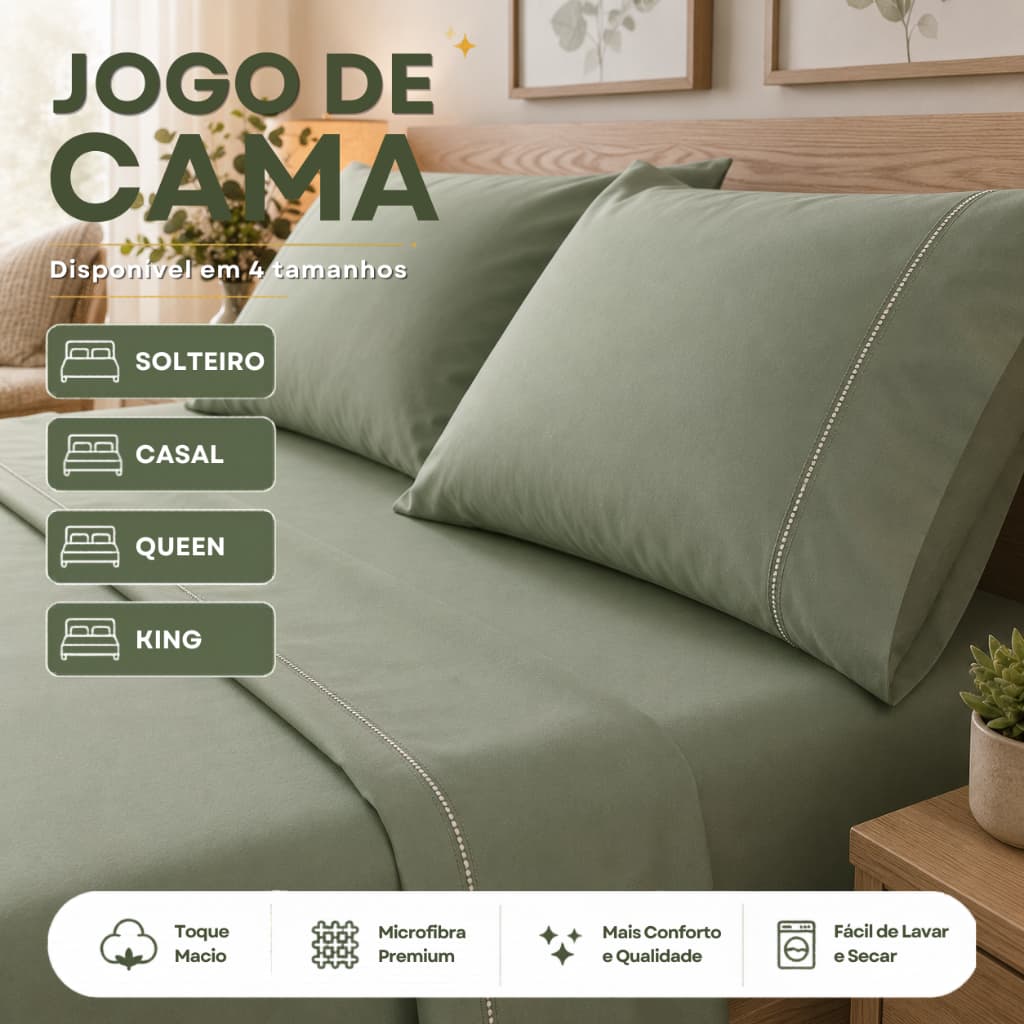 Kit Lençol  Extra Macio 400 Fios Micropercal com Ponto Palito-Solteiro/Casal/Queen/King