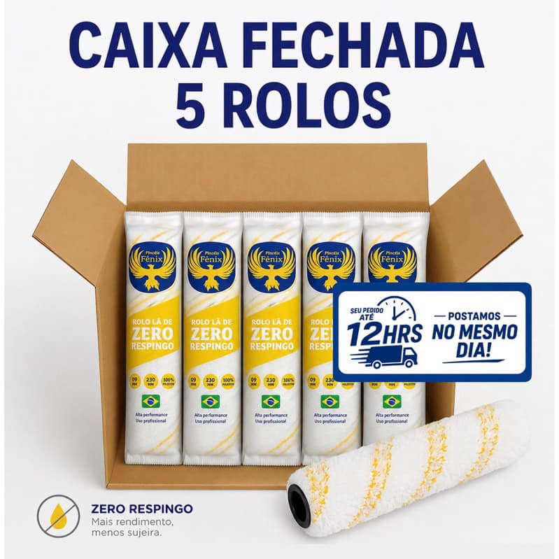 Kit 5 Rolo de Pintura de Lã Respingo Zero 23cm P/ Tintas Látex, Acrílica, Esmalte e Verniz