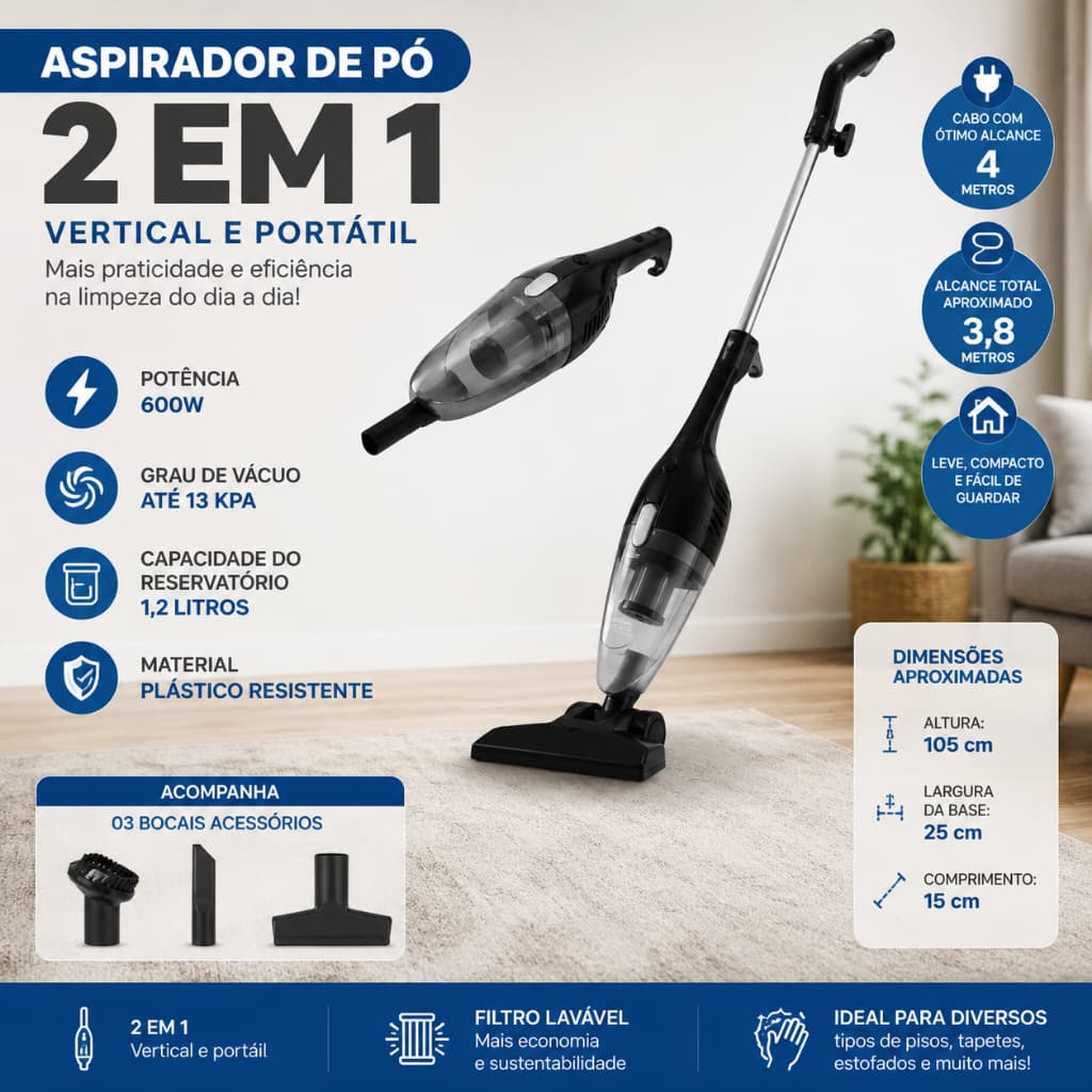 Aspirador Pó Portatil Vertical Multifuncões 110V e 220V Limpeza Residencial Automotiva