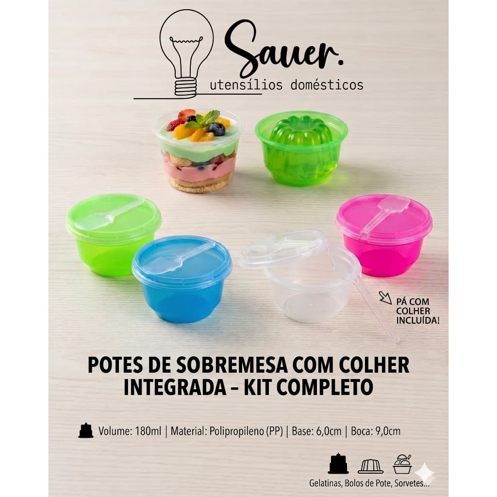 Pote De Sobremesa 180ml Com Tampa e Colher Integrada - Bolo De Pote, Gelatina, Doce, Sobremesas e Sorvetes