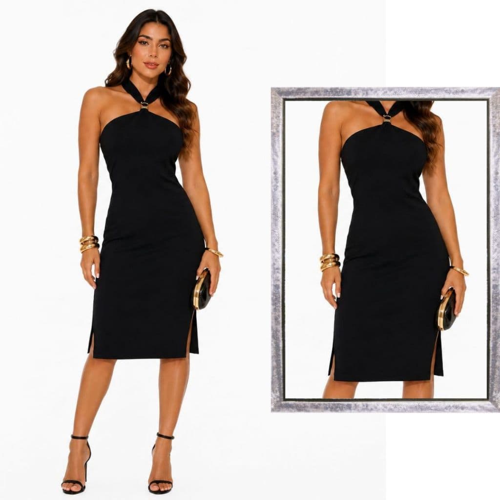 Vestido Feminino Canelado Midi Tubinho com Fenda lateral Com Argola Tendência