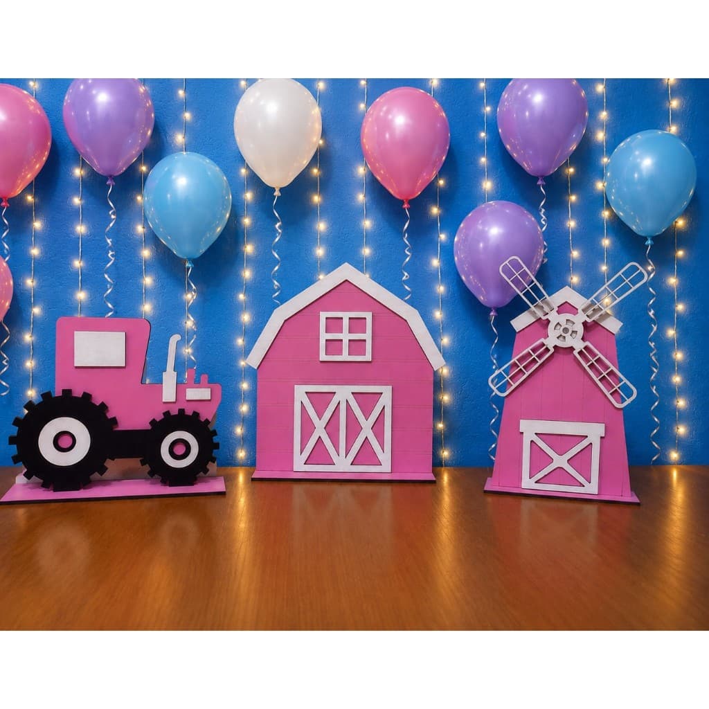 Kit 3 Peças Celeiro Trator Cata-Vento Mdf Display Decoração Festa Aniversário Quarto Fazendinha