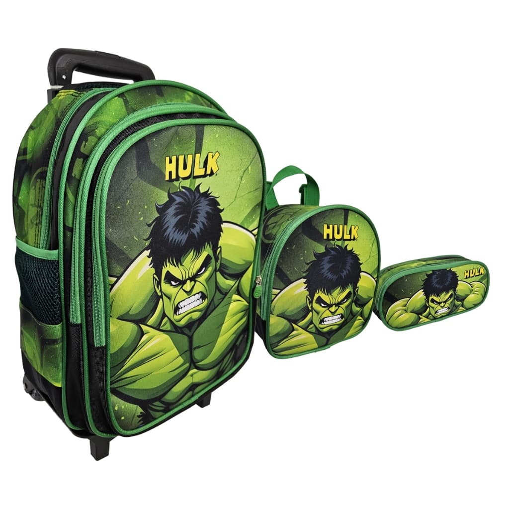 Kit Mochila Escolar Rodinha Led Hulk, Lancheira E Estojo