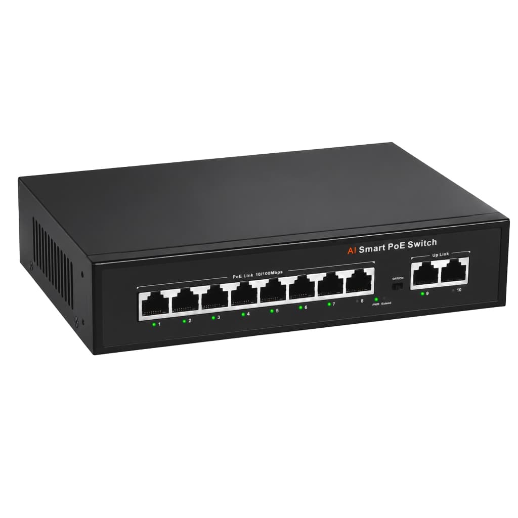 Switch PoE Inteligente 8 Portas + 2 Uplink RJ45 com Isolamento de Portas e Alcance de até 250 Metros