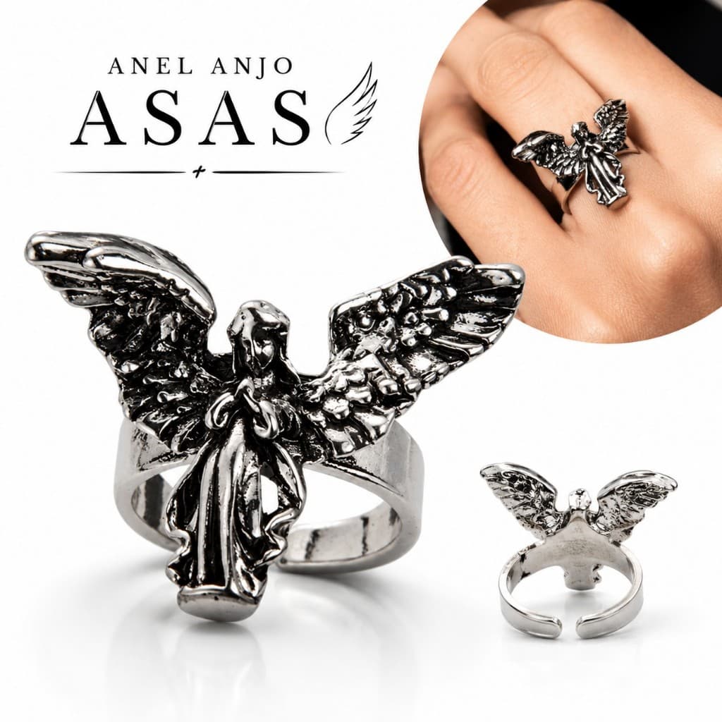 Anel Anjo Asas Ajustável Prateado Aço Inoxidável Gótico Luxo Elegante Paz Fé Religioso Regulável