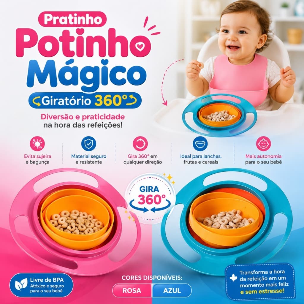 Prato Potinho Pote Mágico Giratório 360° Infantil Bebê Criança Comida Tigela Bowls