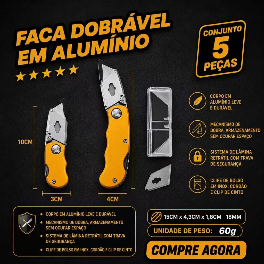 faca utilitária dobrável trapezoidal profissional lâminas extras e trava de segurança-OI5041