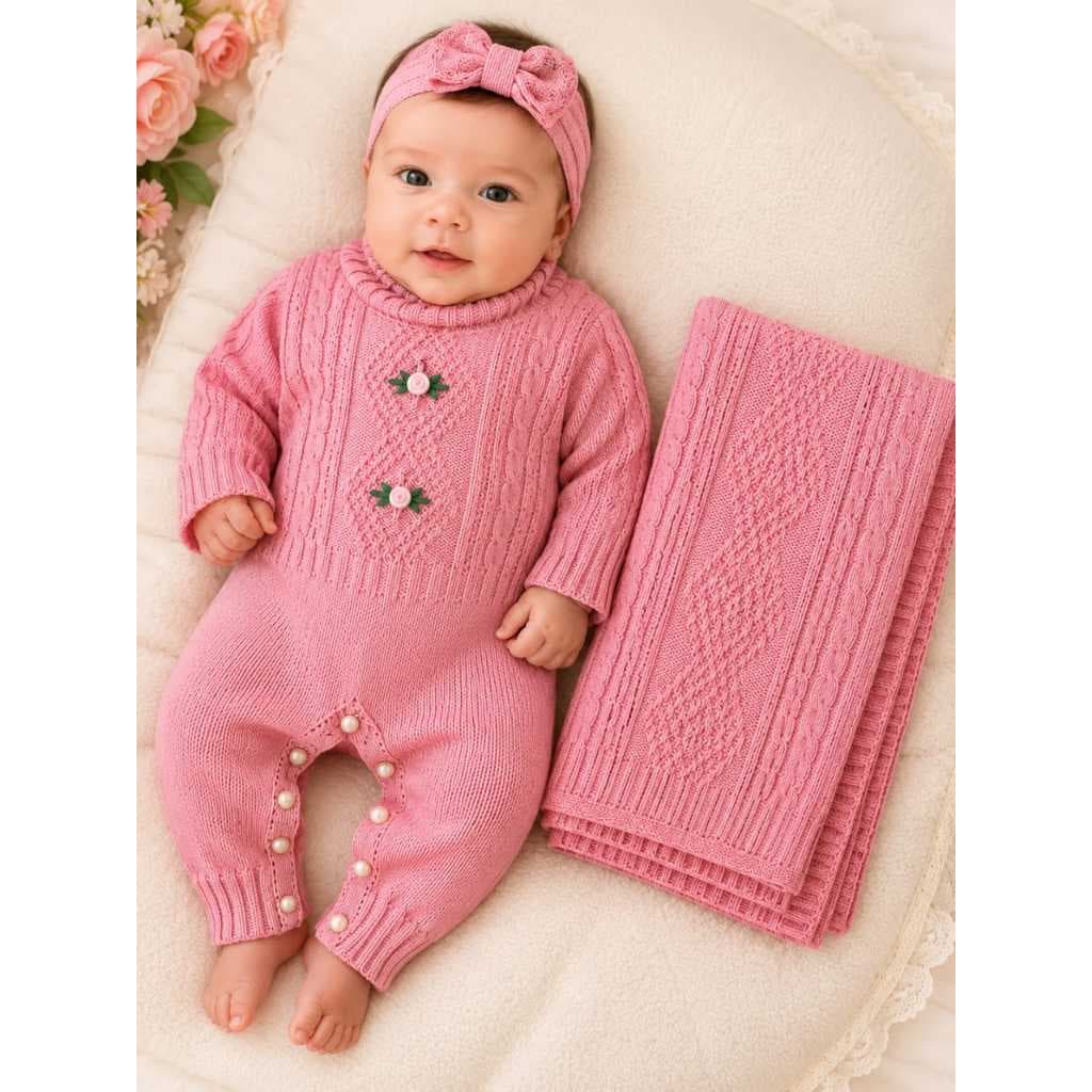 Macacão Bebê Feminino Tricô Bordado + Manta | Saída Maternidade Menina