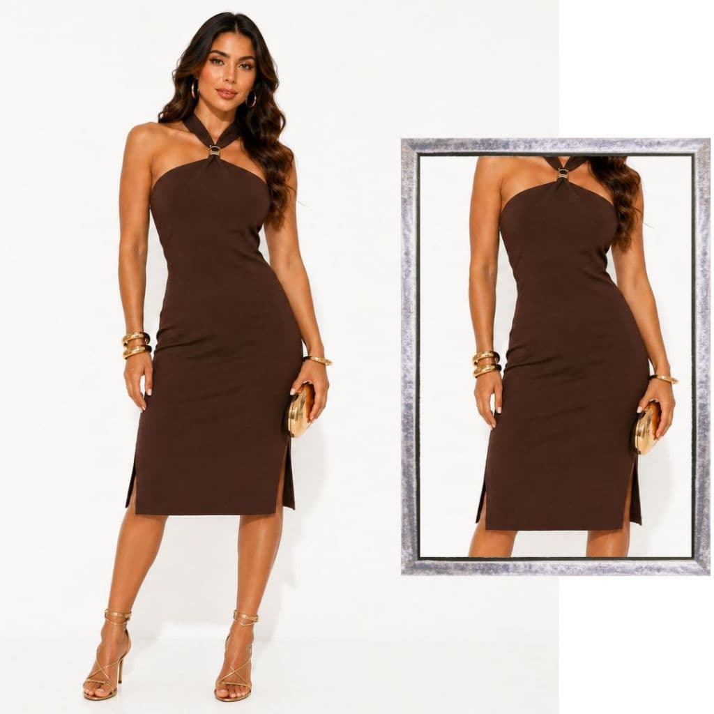 Vestido Feminino Mídi com Fenda Lateral Fivela Canelado Premium