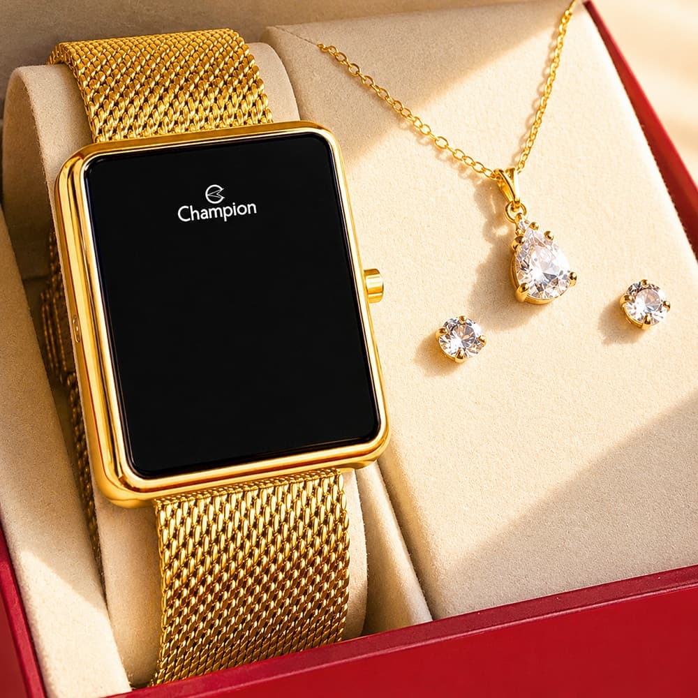 Relógio Champion Feminino Dourado Digital LED Original com garantia de 1 ano acompanha colar e brincos