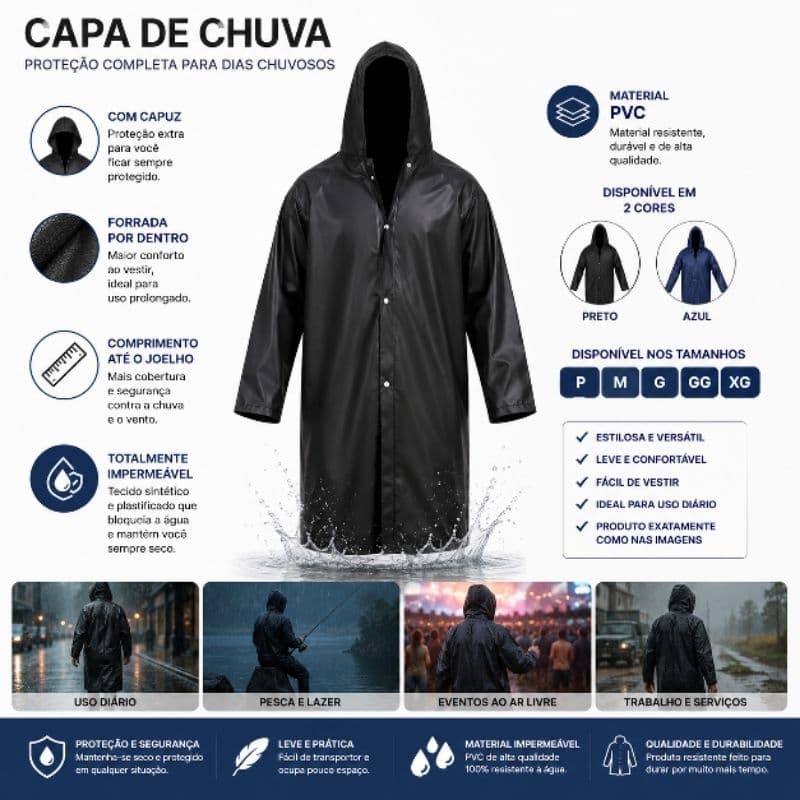 Capa de Chuva Preta REFORÇADA de PVC Com Forro Longa Com Capuz Proteção Segurança Impermeável Promoção