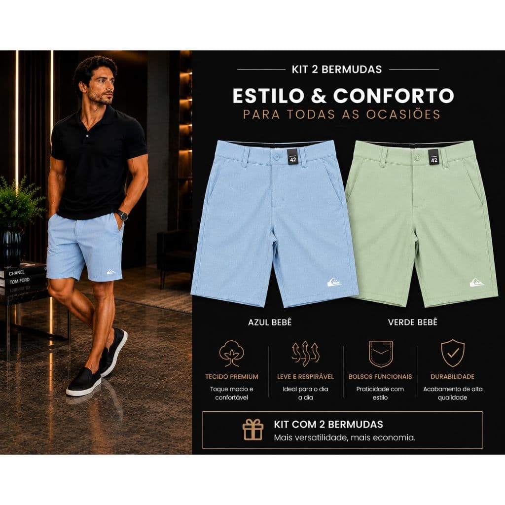 Kit com 2 Bermuda Social Passeio Mescla Elastano Premium