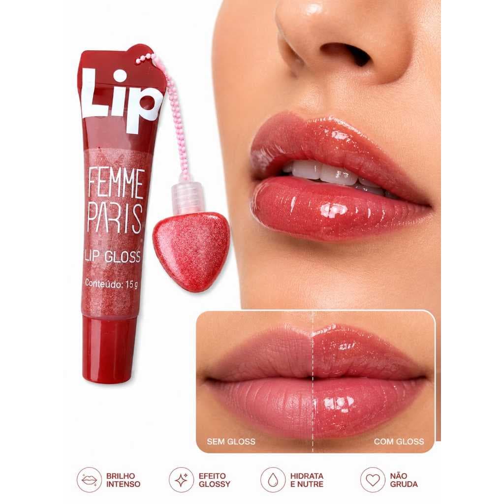 Lip Gloss/brilho labial/acabamento brilhante /tubo plástico com aplicador/rosa avermelhado