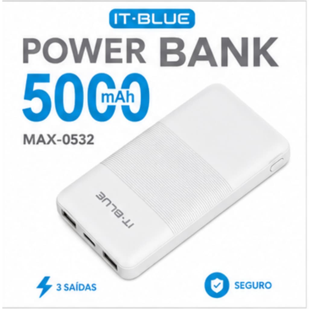 Carregador Portátil Power Bank IT-BLue 5000mAh Branco MAX-0532 3 Saídas USB