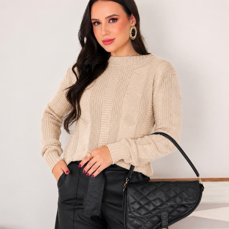 Blusa de Frio Feminina Tricot Trabalhada Gola Redonda Manga Longa Outono Inverno Tricô Blusa Quente