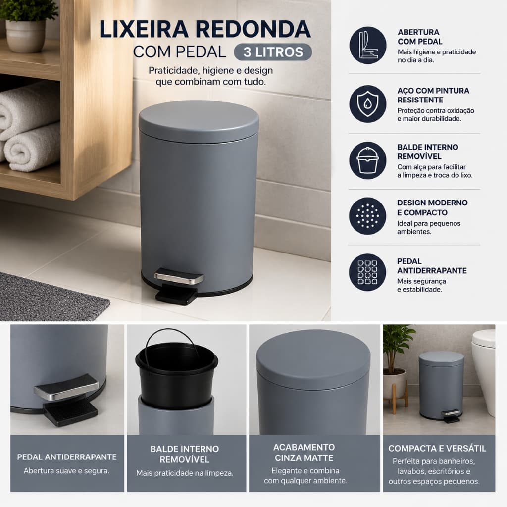 Lixeira Pedal Acabamento Fosco Capacidade Tres Litros Aco Cinza Multiuso