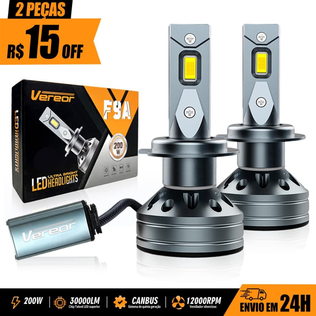 Farol LED Automotivo F9A 200W 30000LM 6000K Super Branco Compativel H1/H3/H4/H7/H11/9005/9006Durável e fácil de instalar