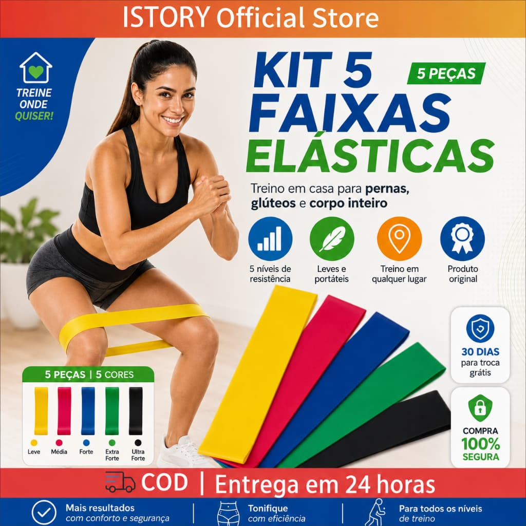 Kit com 5 Faixas Elásticas de Resistência | Yoga Pilates Treinamento Funcional Academia