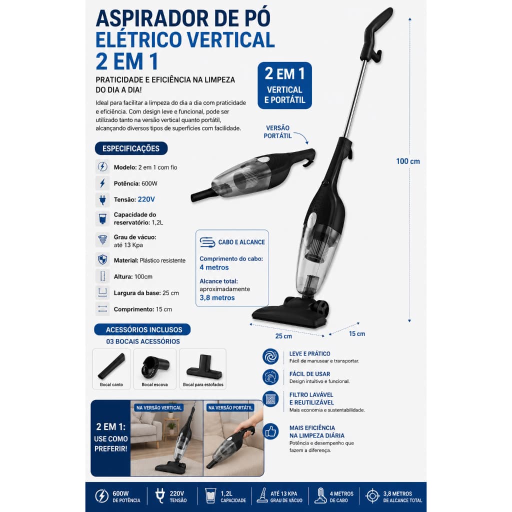 Aspirador Pó Elétrico 2 Em 1 Com Fio 220V Portátil Vertical
