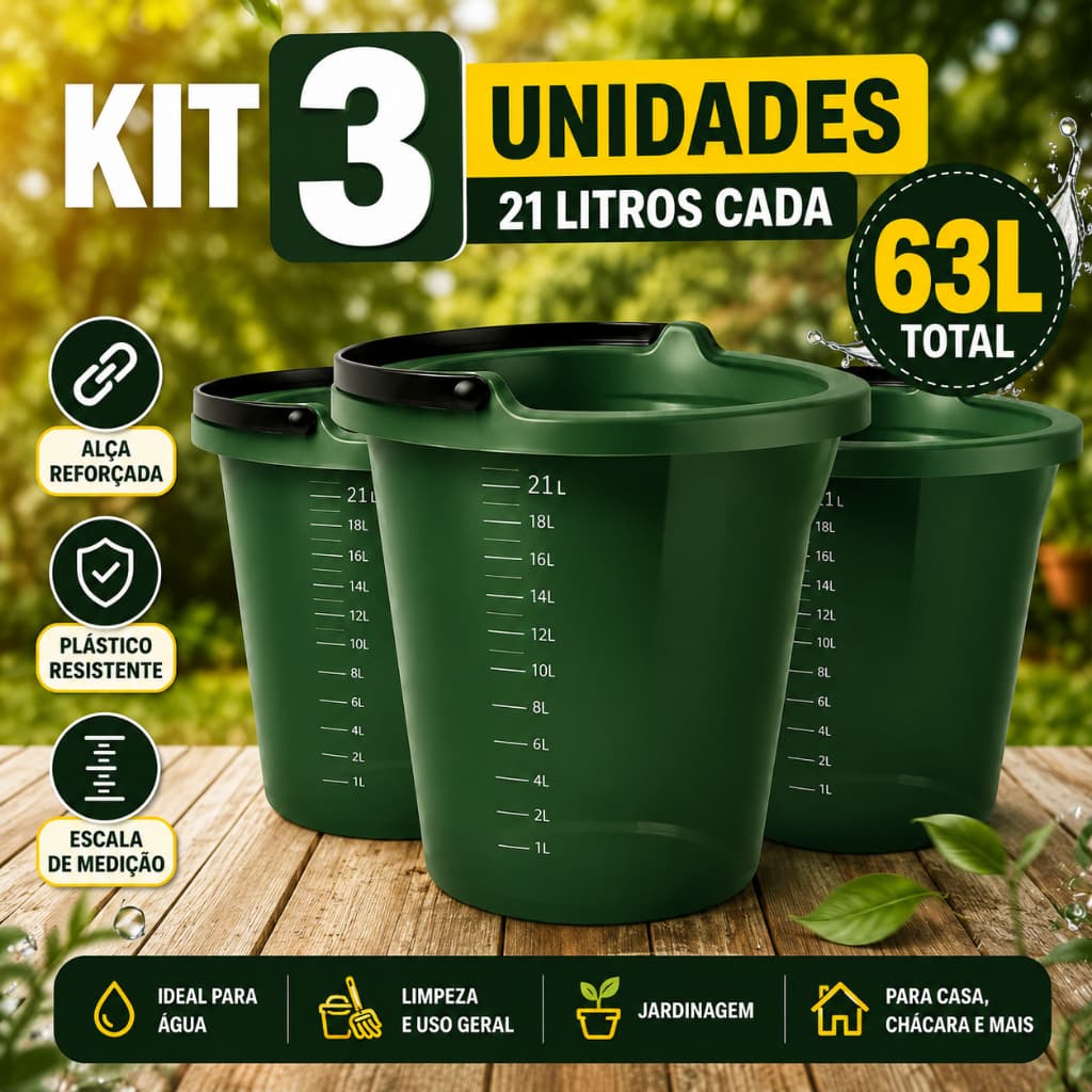 Balde 21 Litros Plástico Reforçado Com Medidor De Água Resistente Limpeza