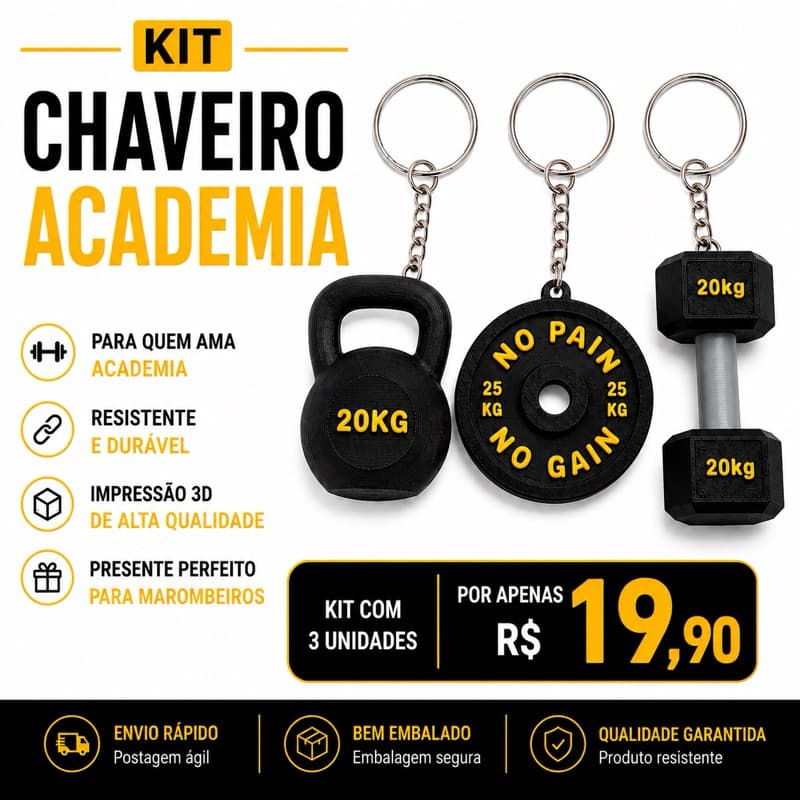 Kit Chaveiro Academia 3D Fitness Halter Anilha Kettlebell Musculação Presente Marombeiro Lembrancinha