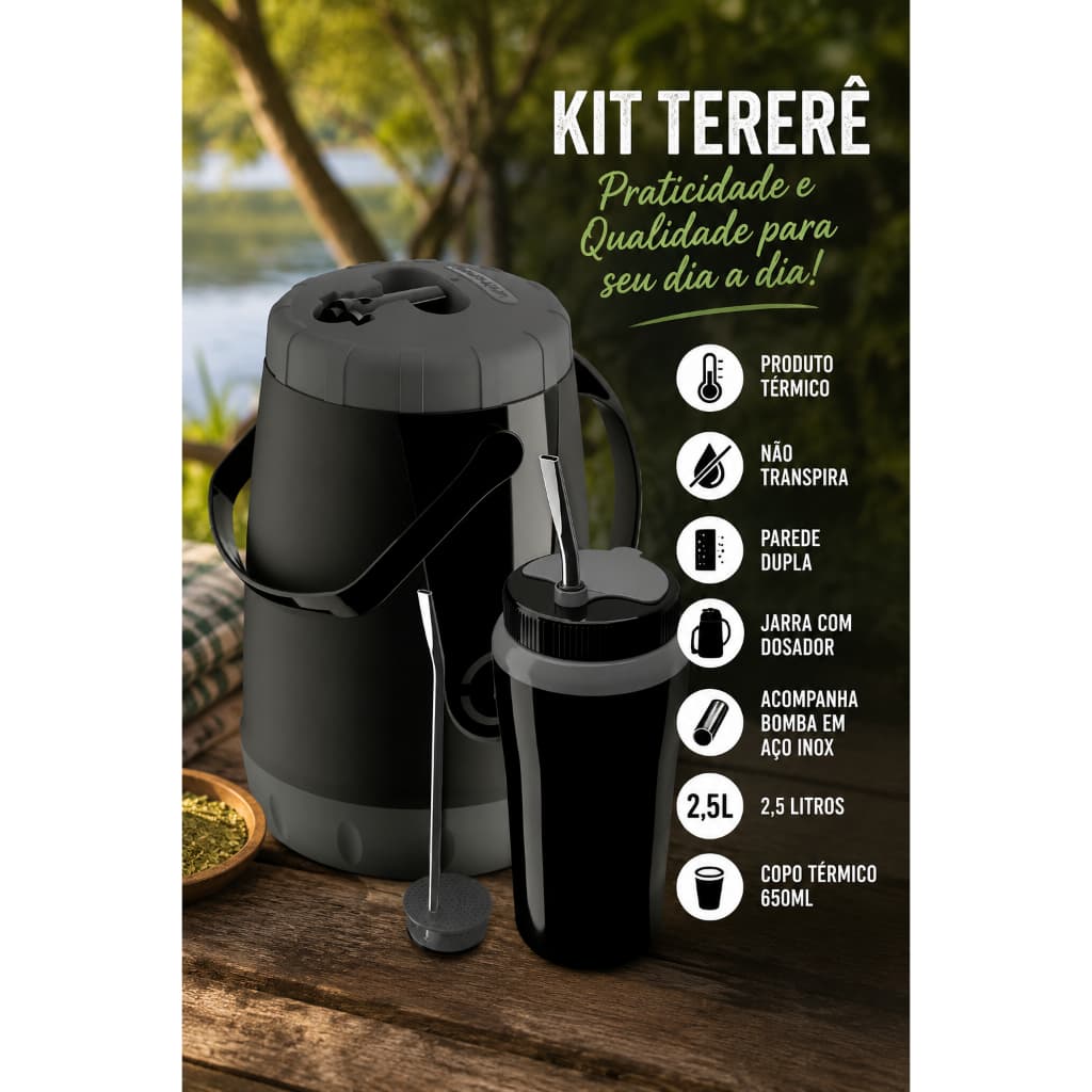 Kit Tererê Unitermi Garrafa 2,5L e Copo 650ml com Bomba Inox
