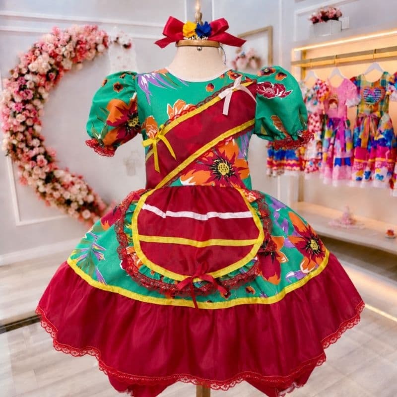 Vestido Festa Junina Infantil Menina Luxo Rodado Xadrez Floral Caipira São João Arraial Roupa Junina
