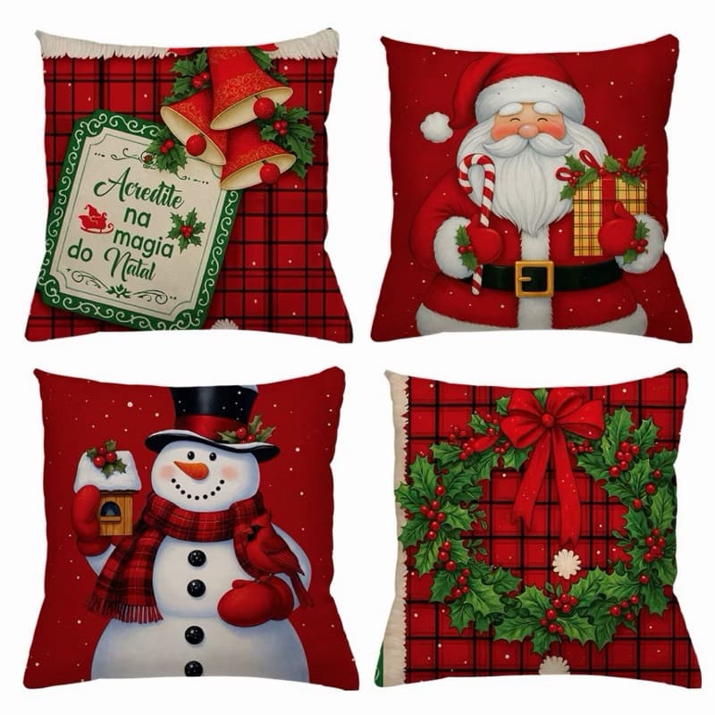 KIT 4 CAPAS DE ALMOFADAS DECORATIVAS NATAL PAPAI NOEL ,BONECO DE NEVE ,  RENA - TAMANHO 45X45