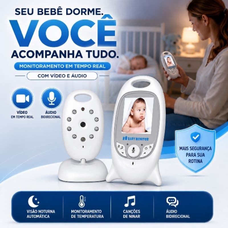 Babá Eletrônica com Câmera Visão Noturna Áudio Bidirecional Monitor Temperatura VB601