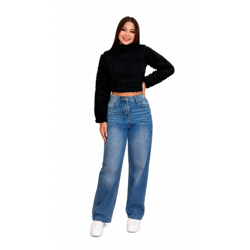 Blusa Moletom Cropped Teddy Feminina Preto Pelúcia Premium Manga Longa Inverno Tam. único P ao G