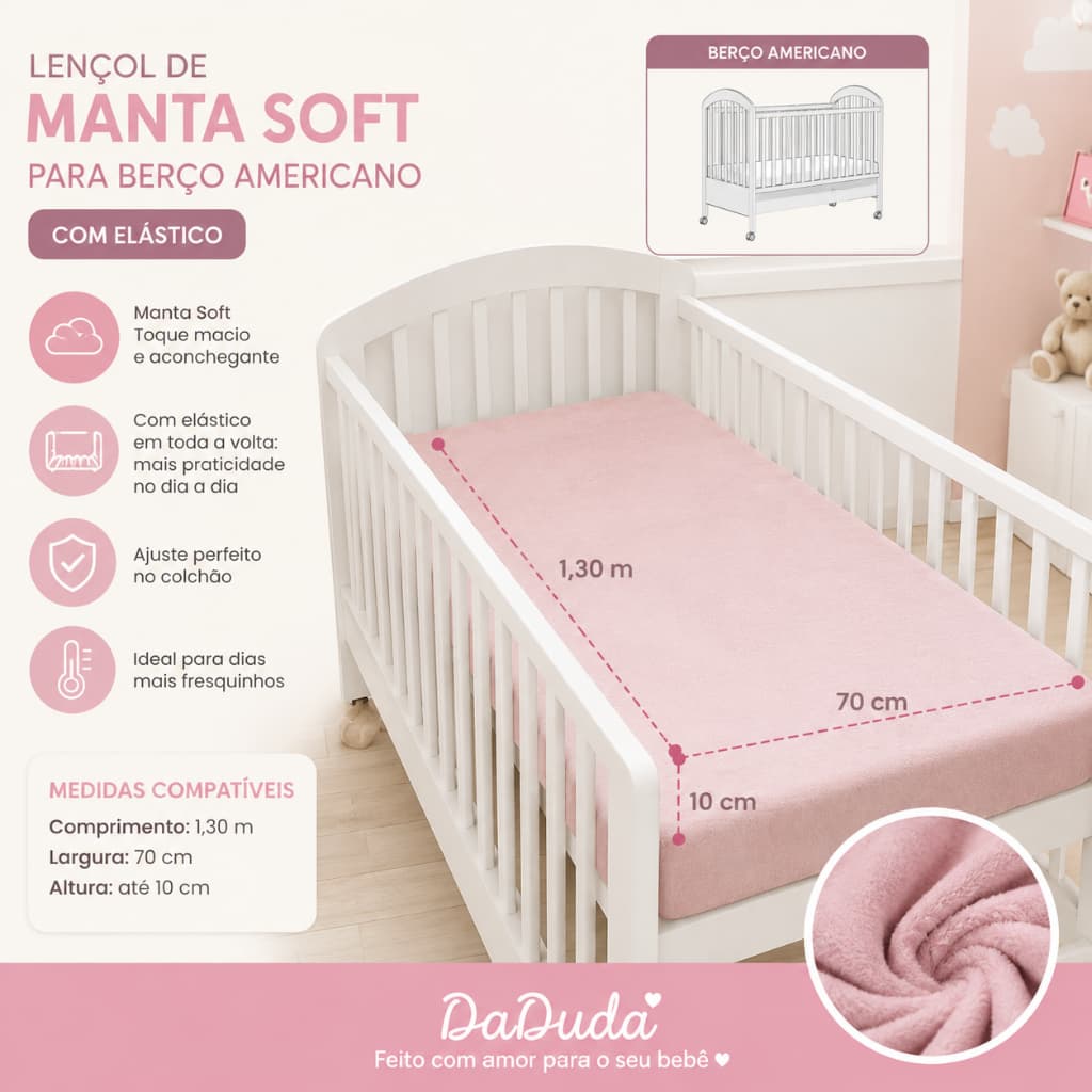 Lençol Manta Soft Peluciado Berço Americano Cor Rosa 1,30x70x10 com Elástico |