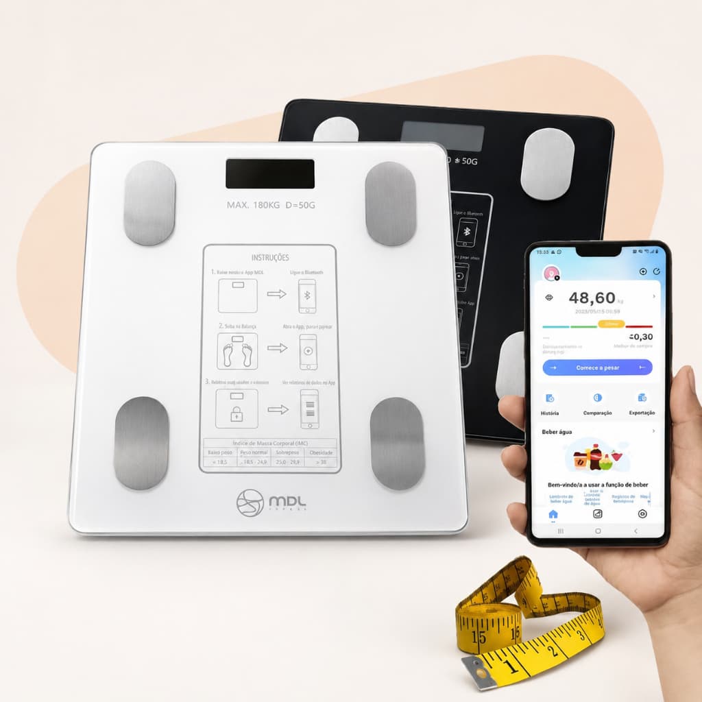 Balança Digital Inteligente Bioimpedância - IMC Músculo Gordura - 180Kg - Bluetooth - Vidro - MDL