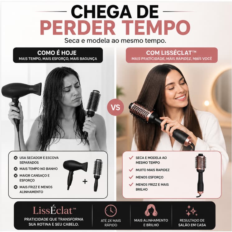 LissÉclat™ Escova Secadora Profissional Bivolt 1300W Modeladora Alisadora Anti Frizz Secagem Rápida