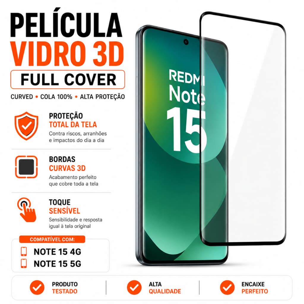 Pelicula Redmi Note 15 4G / 5G Peliculas Vidro Temperado 3D Full Cover Curved Proteção Total