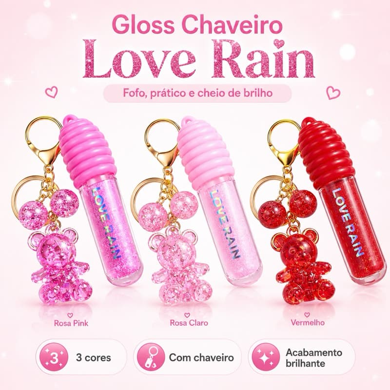 Gloss Labial Glitter Efeito Espelhado – Hidratante – Brilho Intenso – Com Chaveiro Ursinho