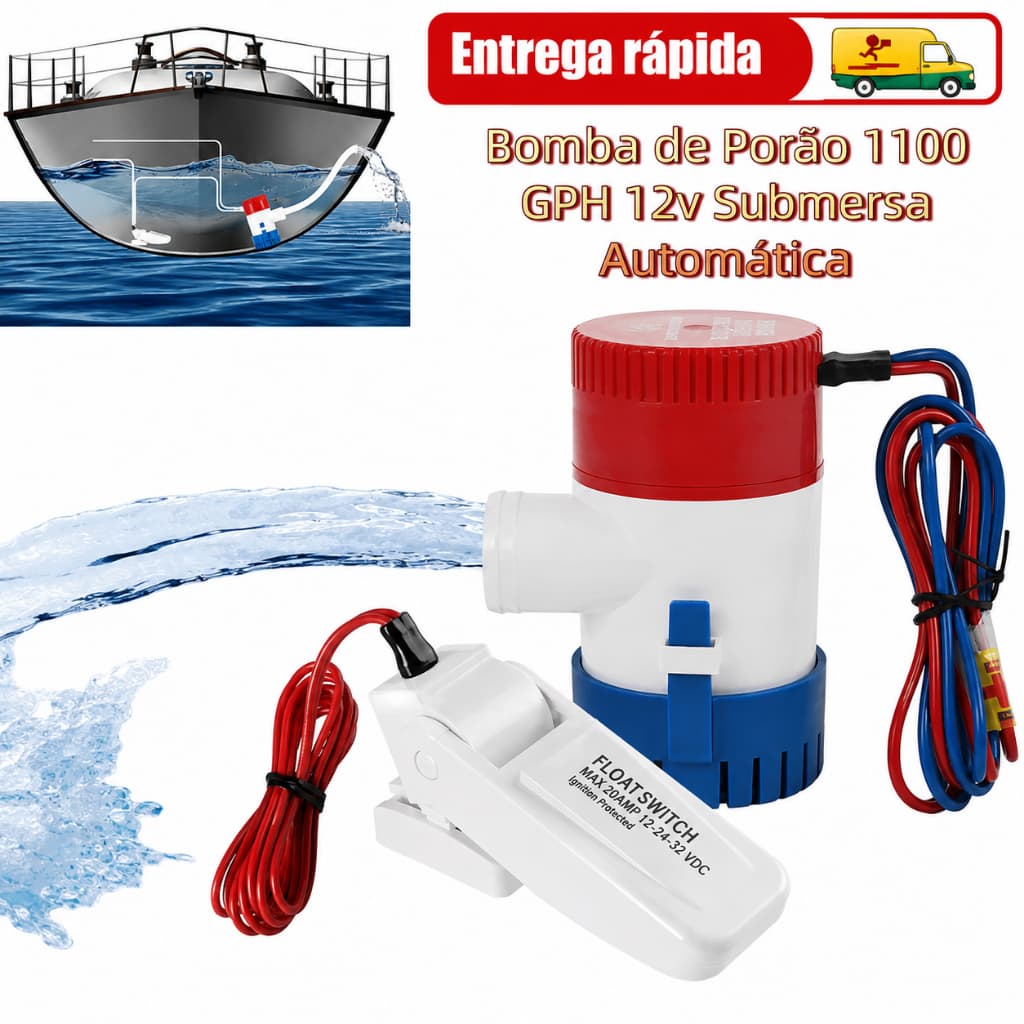 Bomba de Porão 12V 1100GPH para Barco Lancha Drenagem Submersível Marinha com Interruptor ABS