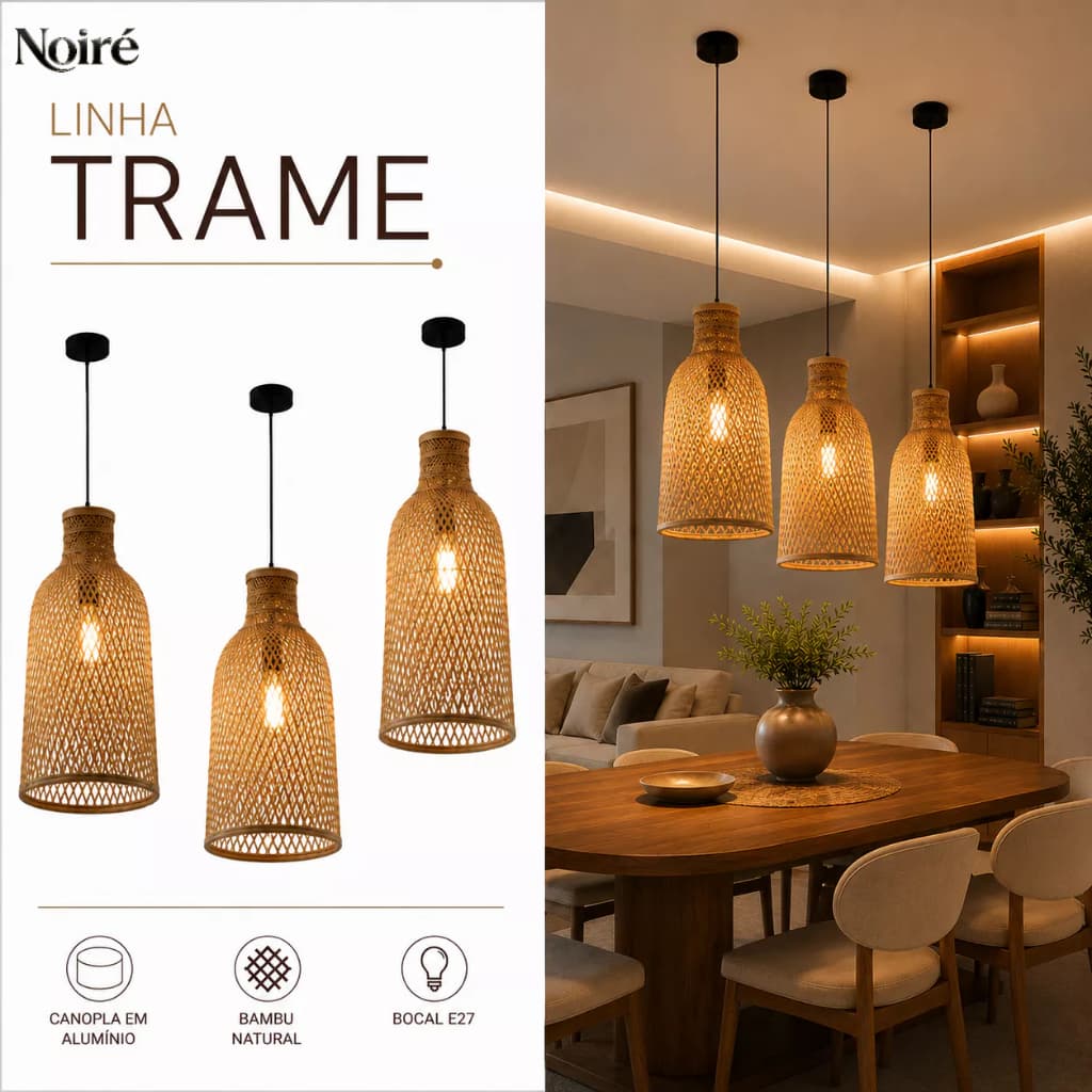 Pendente Trame Bambu Natural E27 Lustre Rústico Moderno Sala Jantar Área Gourmet