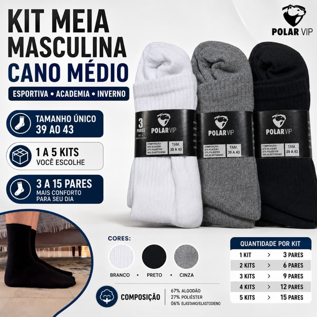 Kit Meia Masculina Cano Médio Esportiva Academia Inverno 39 ao 43 Polar Vip