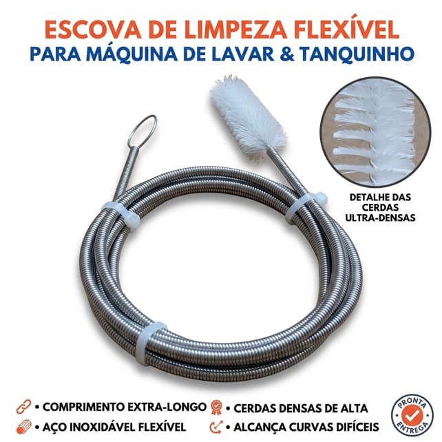 Escova Limpeza Tubulação Máquina De Lavar E Tanquinho Mola Flexível Desentupir Mangueira Cano 2 Metros Premium