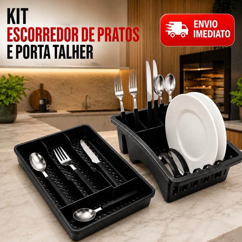Kit Escorredor de Pratos + Porta Talheres Resistente Prático