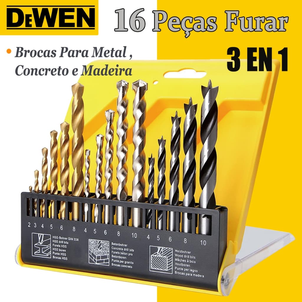 Jogo De Brocas 16 Peças em Aço Rápido Revestidas de Titânio C/ Estojo Madeira Ferro Concreto Metal Aço Carbono 2-10mm