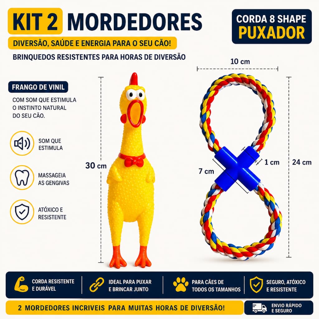 Kit 2 Brinquedos para Cachorro Frango Mordedor com Som 30cm + Corda Cabo de Guerra