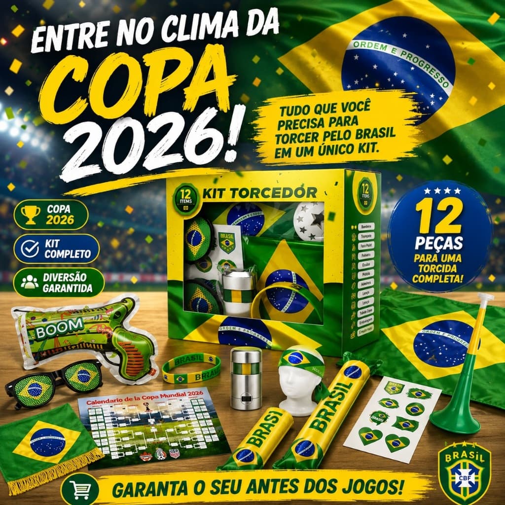 Kit Torcedor Brasil Copa 2026 Completo 12 Peças Bandeira Óculos Trompete Festa Seleção Brasileira
