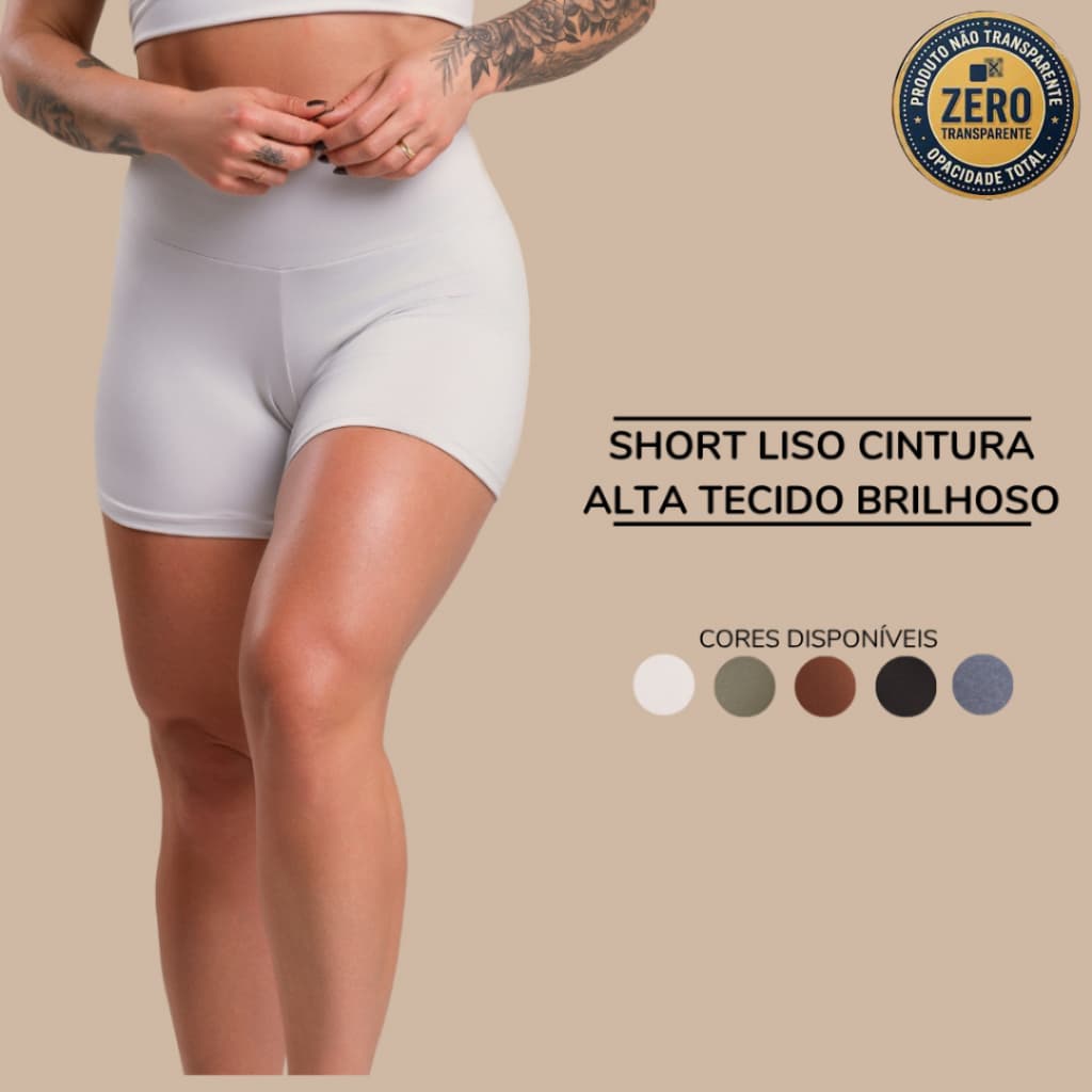 Short Fitness Feminino Liso Cintura Alta Tecido Brilhoso Sem Transparência Academia Treino Look Esportivo RIQ Modas