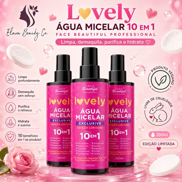 Água Micelar Lovely Face Beautiful 200ml 10 em 1 Demaquilante Vegana